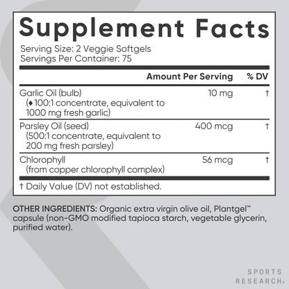Sports Research Odorless Garlic Oil Pills 1000mg with Parsley & Chlorophyll – Non-GMO, Vegan, Gluten Free (2 x 150 Plant Gels)