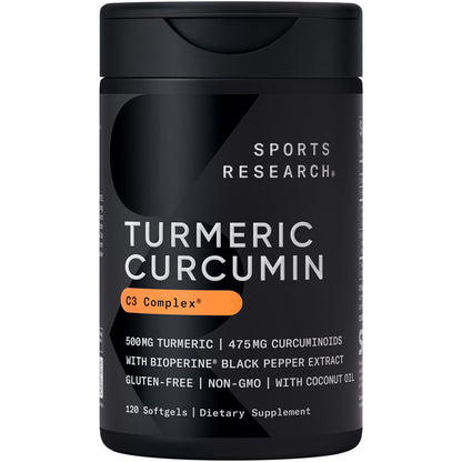 Sports Research Turmeric Curcumin C3 Complex Softgels – 500mg, 120 Count | BioPerine & Organic Coconut Oil | Non-GMO & Gluten Free