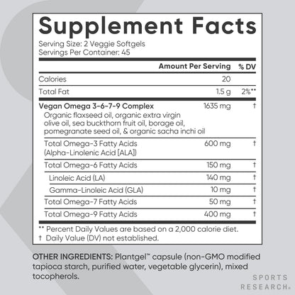 Sports Research Vegan Omega 3-6-7-9 1200 mg - 90 Veggie Softgels | Multi-Spectrum