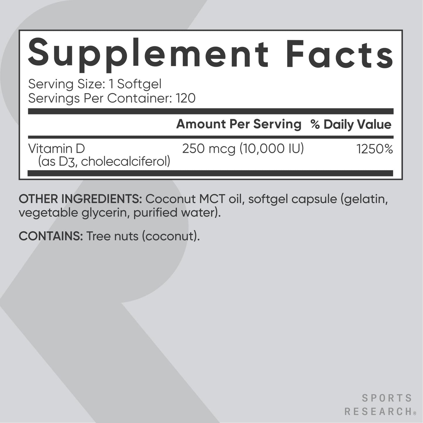 Sports Research Vitamin D3 10,000 IU with Coconut MCT Oil – 120 Softgels