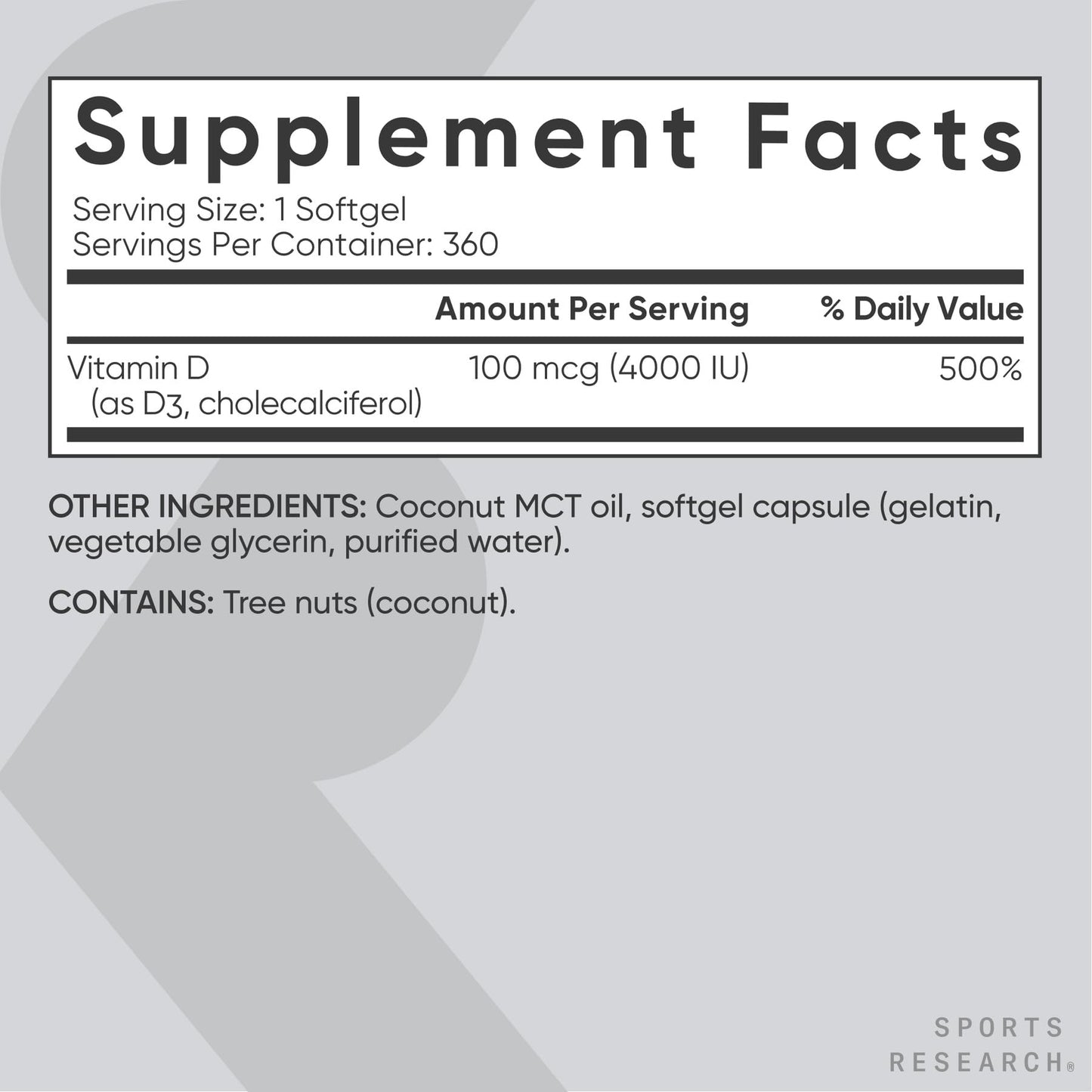 Sports Research Vitamin D3 4000 IU with Coconut MCT Oil - 360 Softgels | Gluten Free, Non-GMO, Soy Free