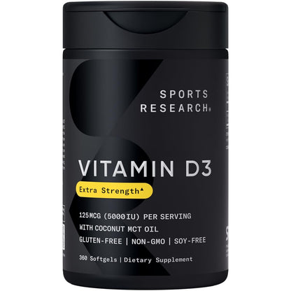 Sports Research Vitamin D3 5000 IU with Coconut MCT Oil - Immune & Bone Support - Seed Oil Free