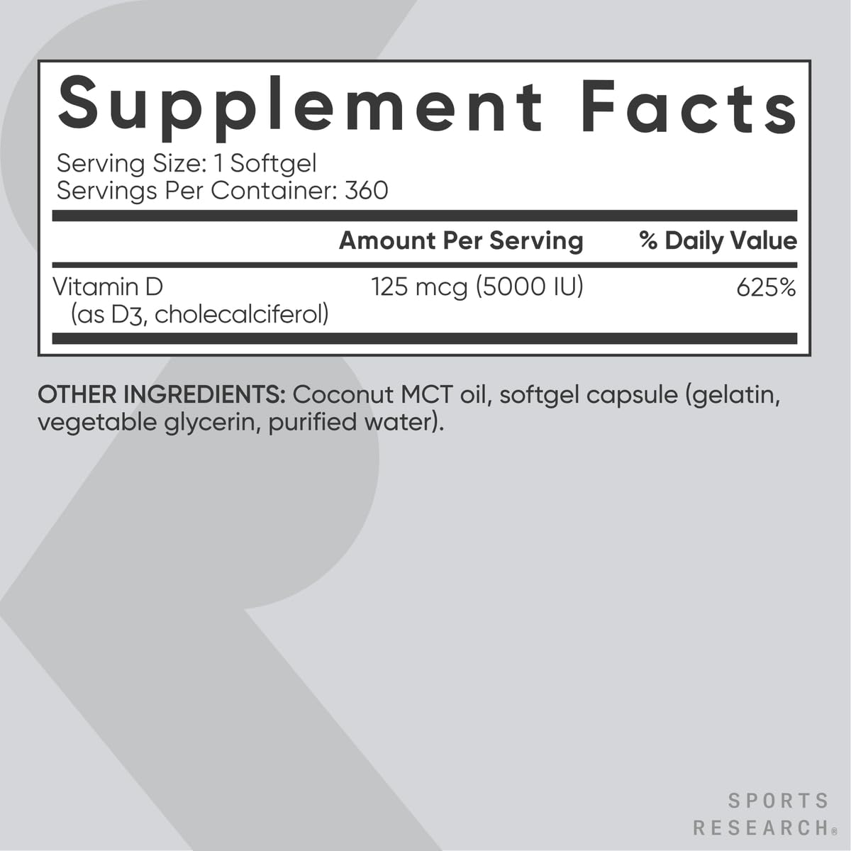 Sports Research Vitamin D3 5000 IU with Coconut MCT Oil - Immune & Bone Support - Seed Oil Free