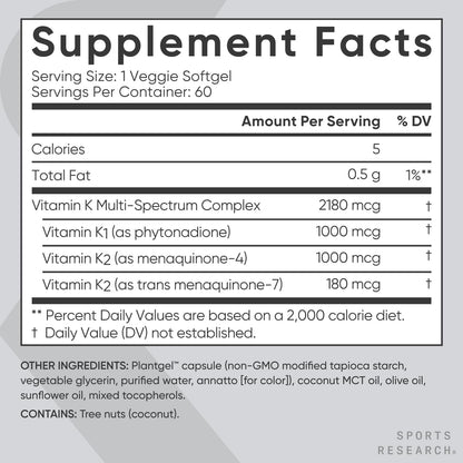 Sports Research Vitamin K Multi-Spectrum - 60 Softgels | K1, K2 MK-4 & MK-7