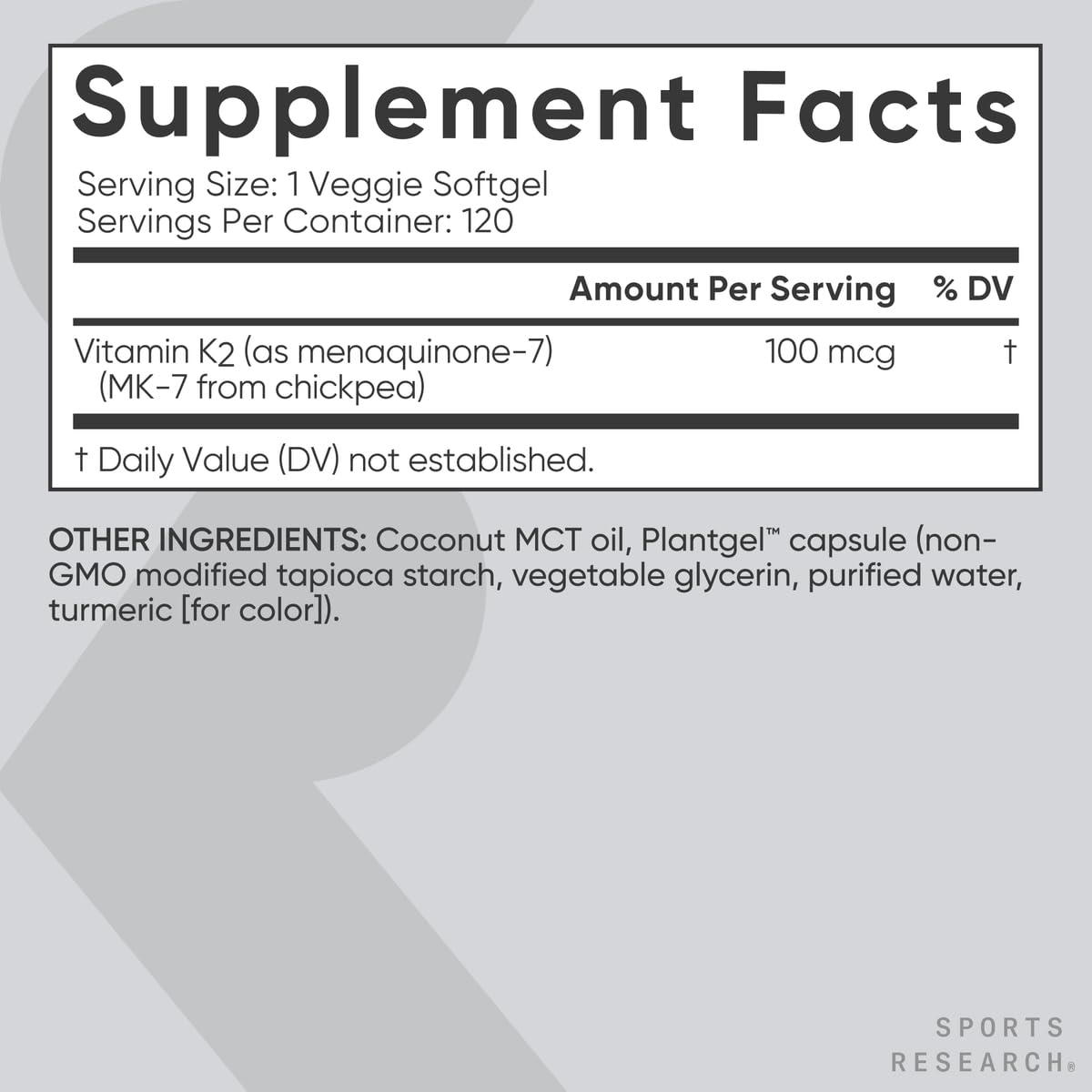 Sports Research Vitamin K2 MK-7 100mcg in Coconut MCT Oil – 120 Veggie Softgels