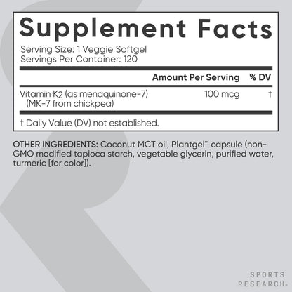 Sports Research Vitamin K2 MK-7 100mcg in Coconut MCT Oil – 120 Veggie Softgels