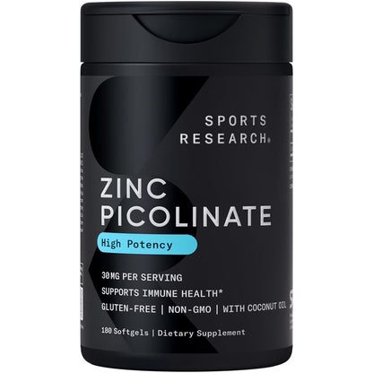 Sports Research Zinc Picolinate 30mg with Organic Coconut Oil - 180 Softgels