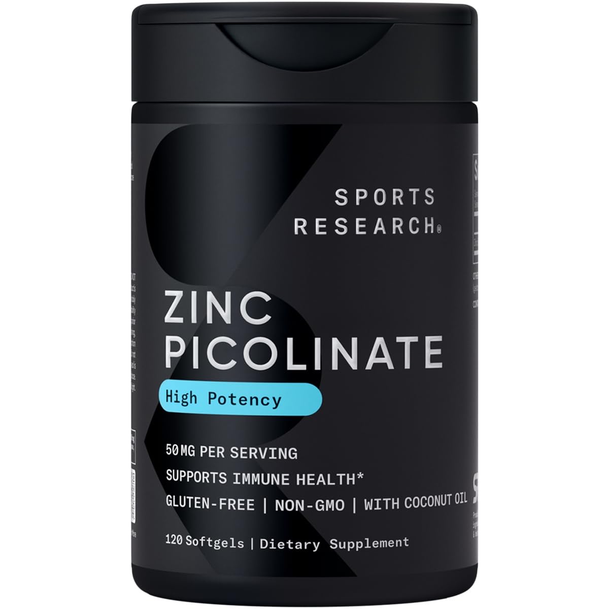 Sports Research Zinc Picolinate 50mg with Organic Coconut Oil – 120 Liquid Softgels
