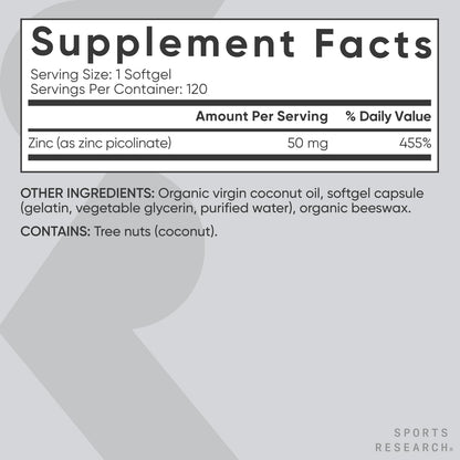 Sports Research Zinc Picolinate 50mg with Organic Coconut Oil – 120 Liquid Softgels