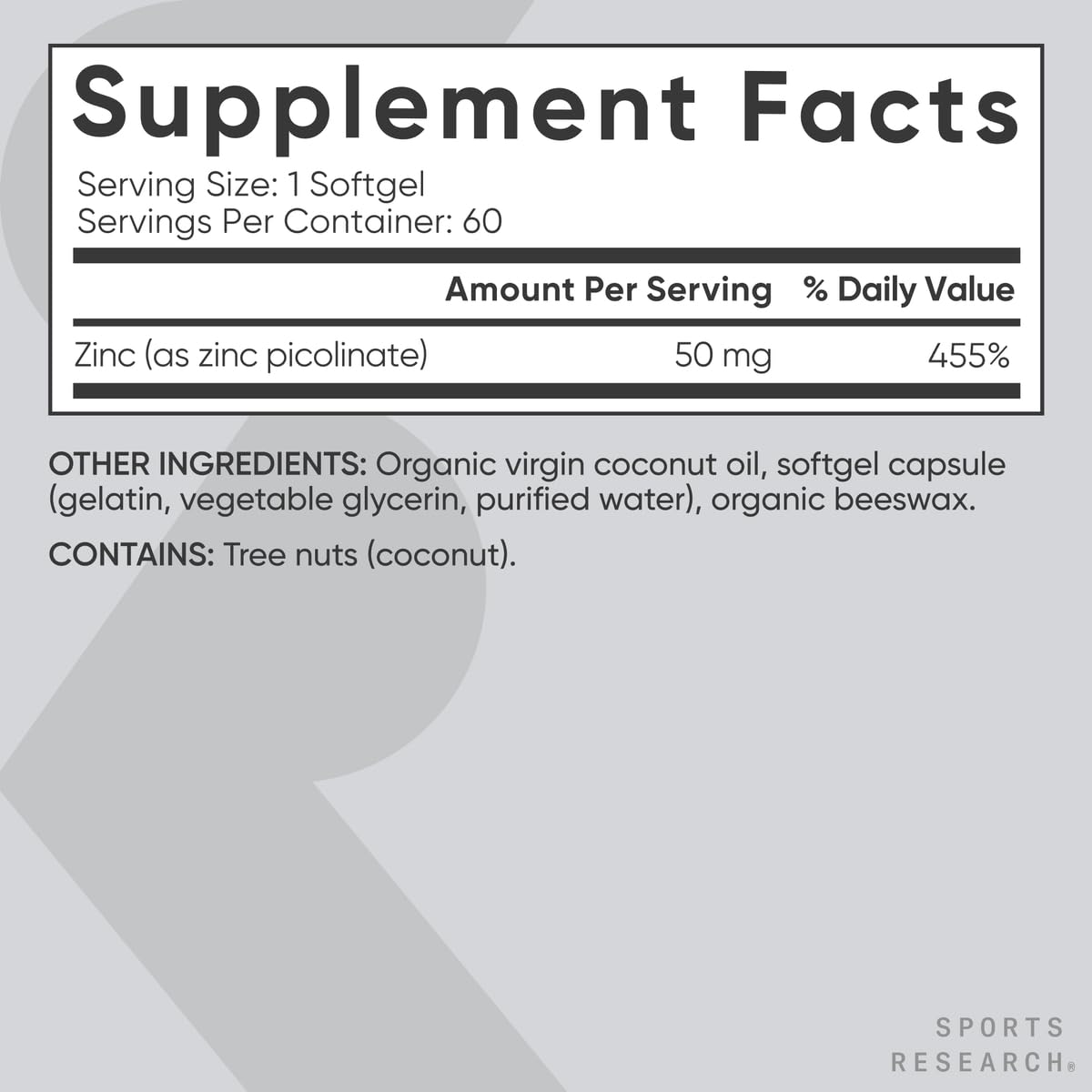 Sports Research Zinc Picolinate 50mg with Organic Coconut Oil – 60 Softgels