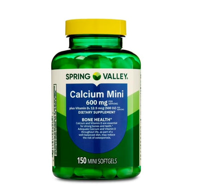 Spring Valley Calcium 600mg + Vitamin D3 – 150 Mini Softgels, Bone & Teeth Support, Gluten-Free