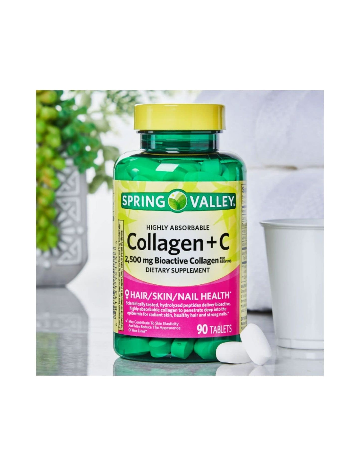 Spring Valley Collagen + C 2,500 mg Bioactive Collagen, 90 Count + STS Sticker | Dietary Supplement