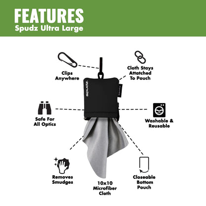 SPUDZ Ultra Microfiber Lens Cleaner – Navy Blue, 10x10 | Clip-On Pouch