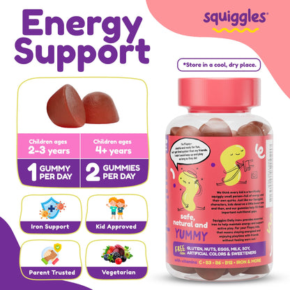 Squiggles Kids Daily Iron+ Gummies — Iron + Multivitamin for Children, Low Sugar, Vegan