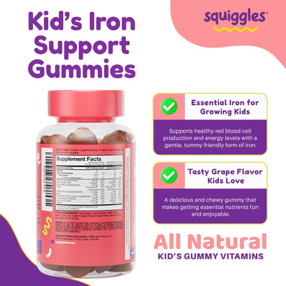 Squiggles Kids Daily Iron+ Gummies — Iron + Multivitamin for Children, Low Sugar, Vegan