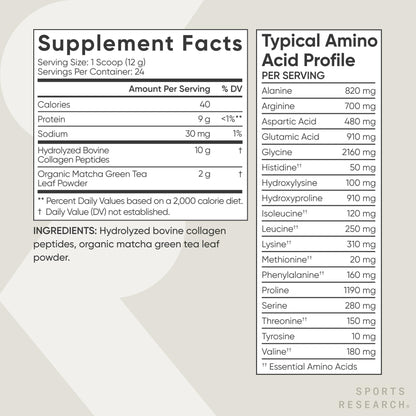 Sports Research Collagen Peptides + Organic Matcha – Gluten Free, Non-GMO