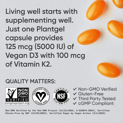 Sports Research Vitamin D3 + K2 5000 IU Plant-Based, Vegan, Non-GMO – MK-7, 160 Softgels