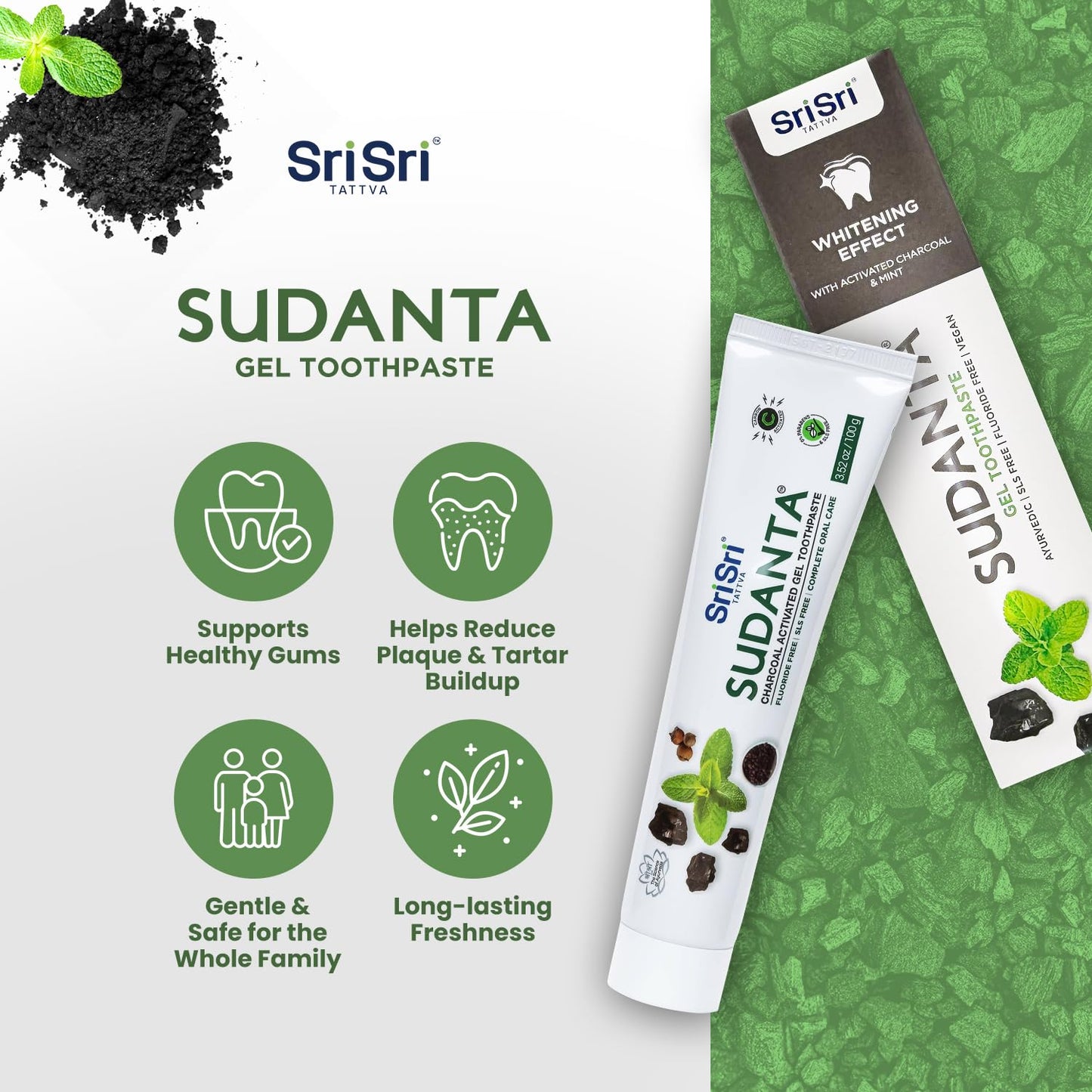 Sri Sri Tattva Sudanta Charcoal Toothpaste Gel – SLS & Fluoride Free, Herbal Neem