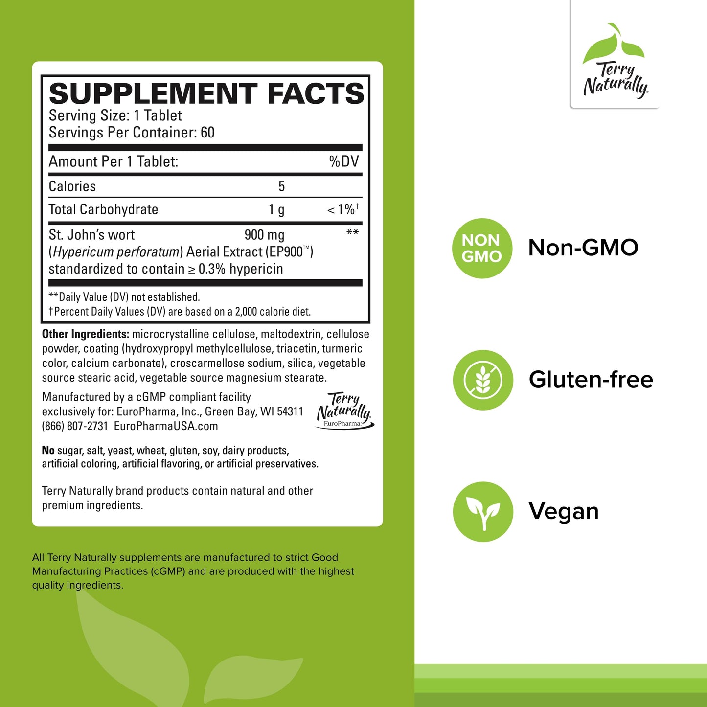 Terry Naturally St John's Wort 900-60 Tablets – Full Clinical Dose (Non-GMO, Vegan, Gluten Free)