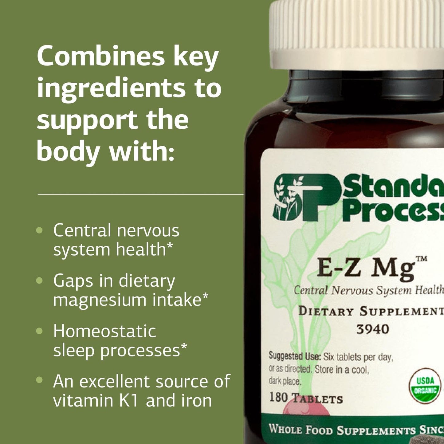 Standard Process E-Z Mg – Central Nervous System Support | Magnesium, Iron & Vitamin K1 | 180 Tablets