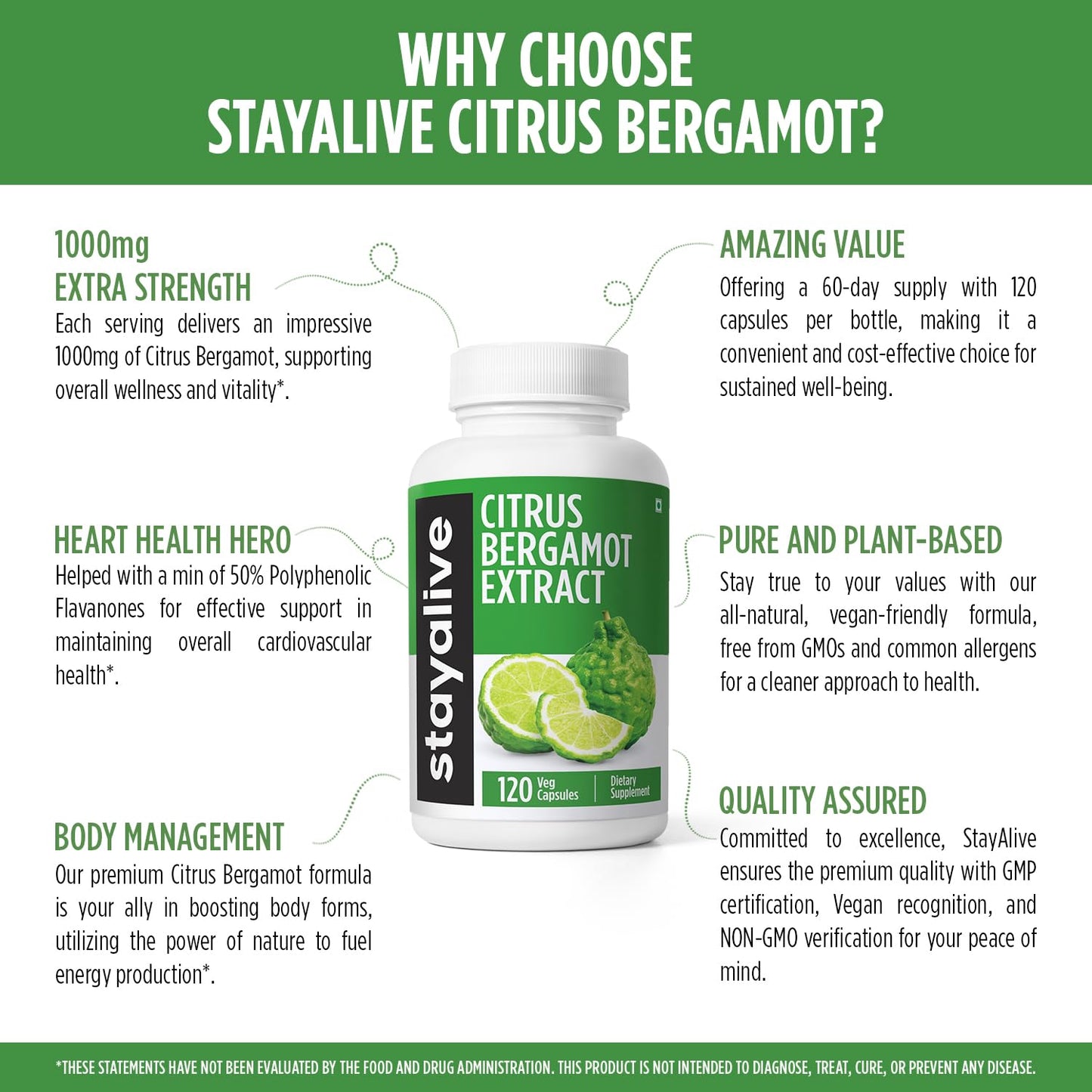 STAY ALIVE Citrus Bergamot 1000mg Capsules - 30:1 Extract, 120 Capsules | Heart Health, Non-GMO, Gluten-Free