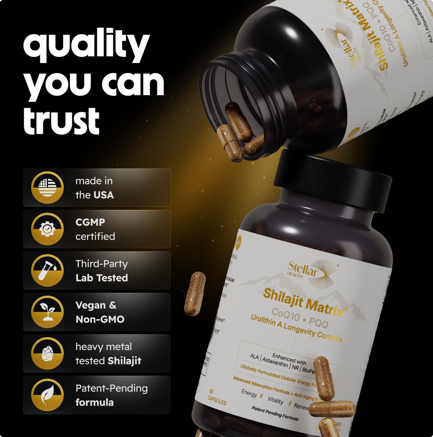 Stellar Health Clinical Mitochondrial Complex – Shilajit & NAD+ Booster with Ubiquinol CoQ10, NR, PQQ, ALA, Astaxanthin | 60 Vegan Capsules