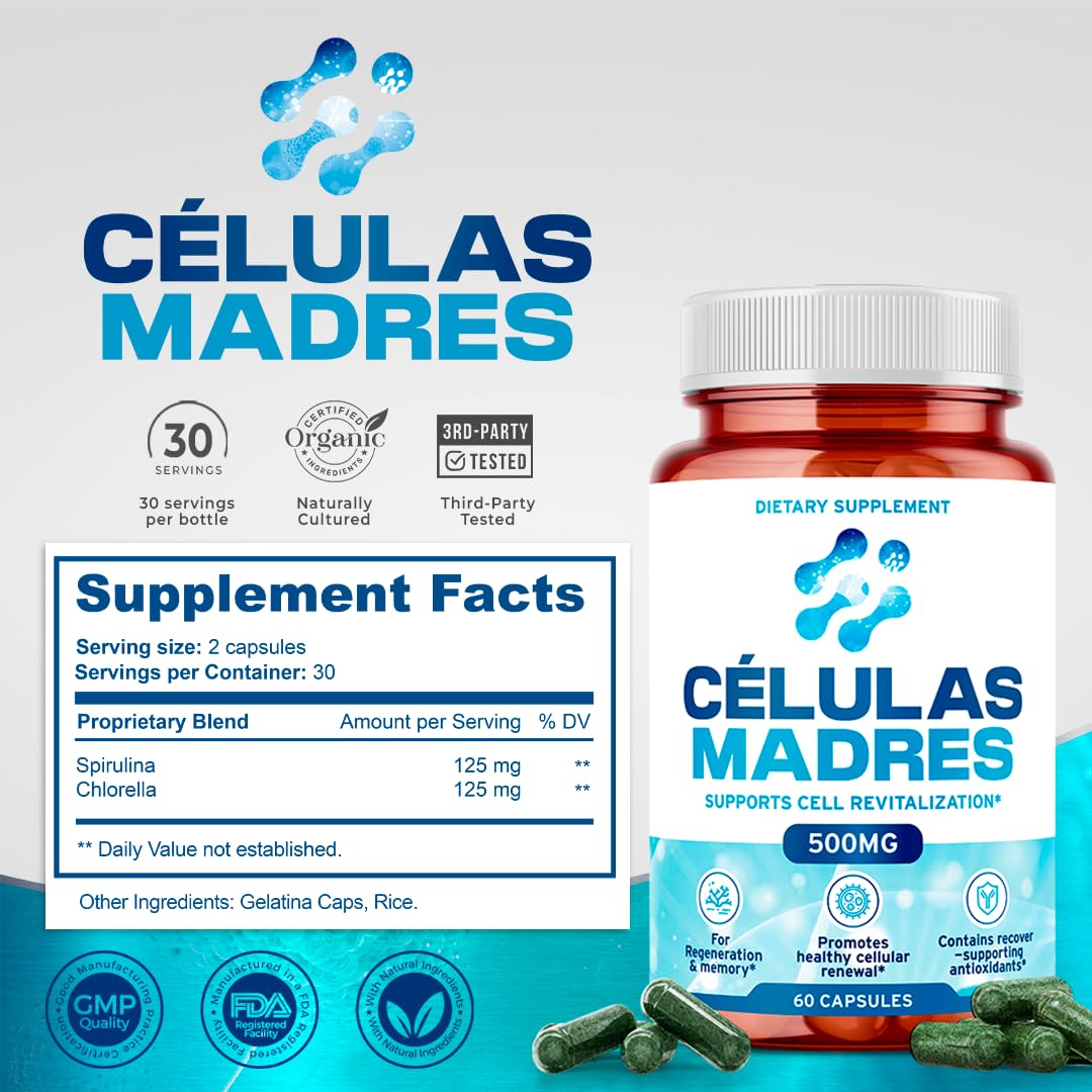 Stem Cell Supplements 500mg – Anti-Aging & Longevity (60 Caps) with Spirulina & Chlorella | Celulas Madre