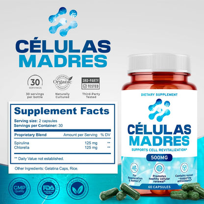 Stem Cell Supplements 500mg – Anti-Aging & Longevity (60 Caps) with Spirulina & Chlorella | Celulas Madre