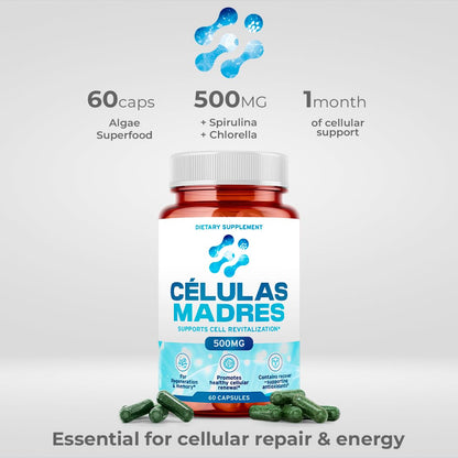 Stem Cell Supplements 500mg (180 Caps) – Anti-Aging & Longevity | Spirulina & Chlorella | Celulas Madre