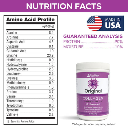 Step Above Proteins Original Collagen Peptides - 12 oz, 100% Natural Bovine Hydrolyzed Type I-III