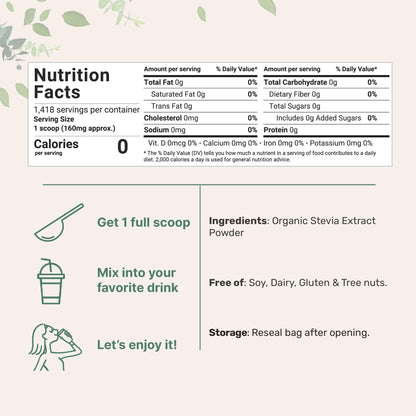 Pure Organic Stevia Powder 8 oz – Reb-A, Zero Calorie Keto Sweetener