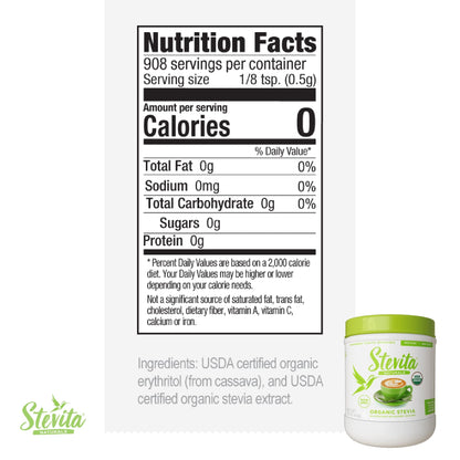 Stevita Organic Stevia – 16 oz (908 Servings) | Sugar-Free All-Natural Sweetener