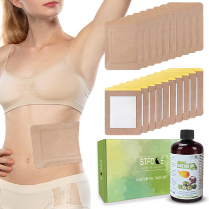 STFOCE 20pcs Castor Oil Pack Wrap – Self-Adhesive, Organic, No Leakage, No Wash, 7.9x5.5 in, Oil Included