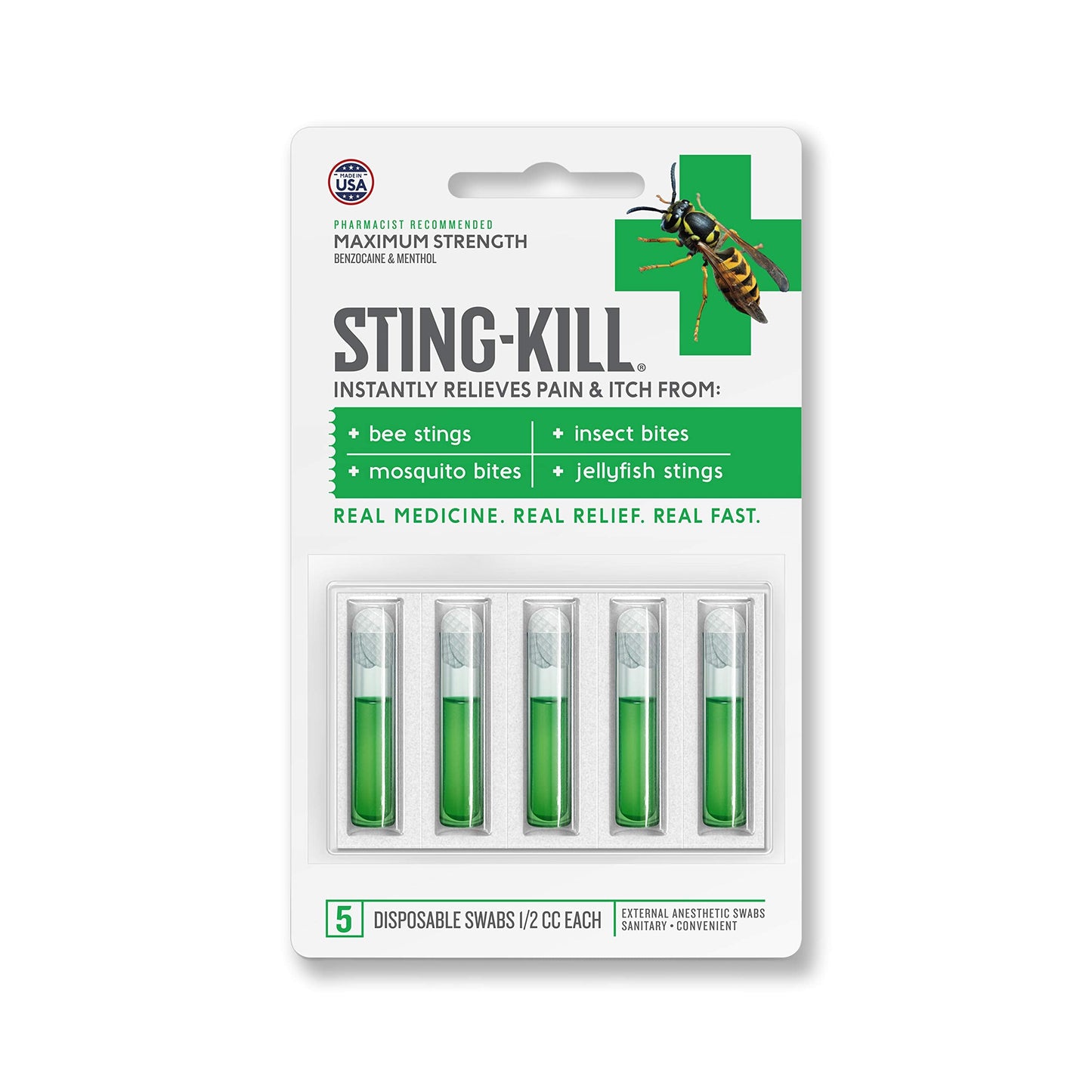 Sting-Kill First Aid Anesthetic Swabs – Instant Pain & Itch Relief (5-count, Pack of 2)