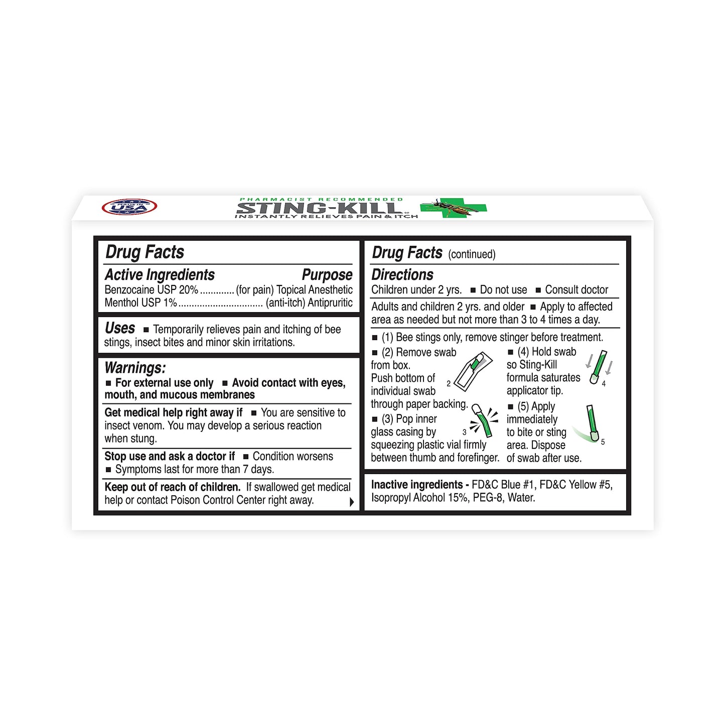 Sting-kill First Aid Anesthetic Swabs – Instant Pain & Itch Relief (10 Count)