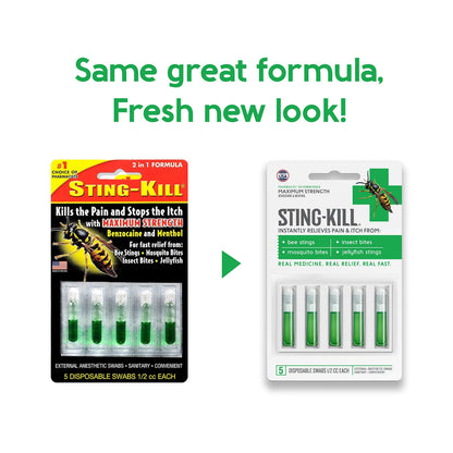 Sting-Kill First Aid Anesthetic Swabs – Instant Pain & Itch Relief (5-count, Pack of 2)