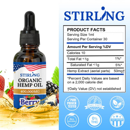 Stirling Organic Hemp Oil - 400,000mg Natural Berry Flavor - Enhances Sleep and Helps Reduce Discomfort - THC-Free, Non-GMO, Gluten-Free, High in Omega 3 6 9 - Premium U.S. Hemp Seed Oil