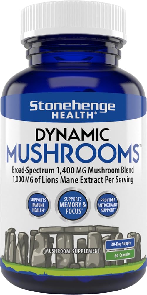 Stonehenge Dynamic Health Mushrooms 1,400 mg – 5 Mushroom Complex (Lion’s Mane, Reishi, Chaga, Maitake, Shiitake) – 60 Capsules