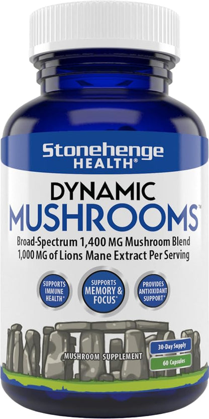 Stonehenge Dynamic Health Mushrooms 1,400 mg – 5 Mushroom Complex (Lion’s Mane, Reishi, Chaga, Maitake, Shiitake) – 60 Capsules