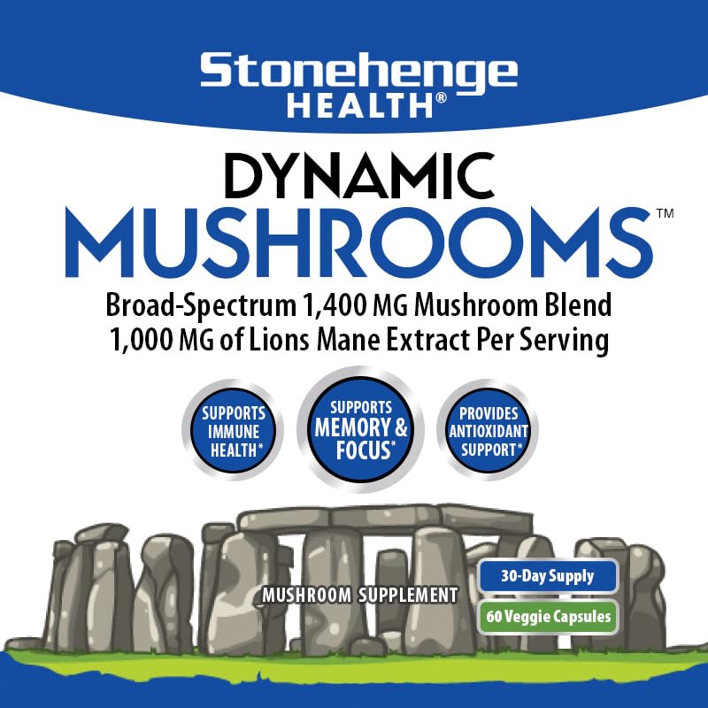 Stonehenge Dynamic Health Mushrooms 1,400 mg – 5 Mushroom Complex (Lion’s Mane, Reishi, Chaga, Maitake, Shiitake) – 60 Capsules