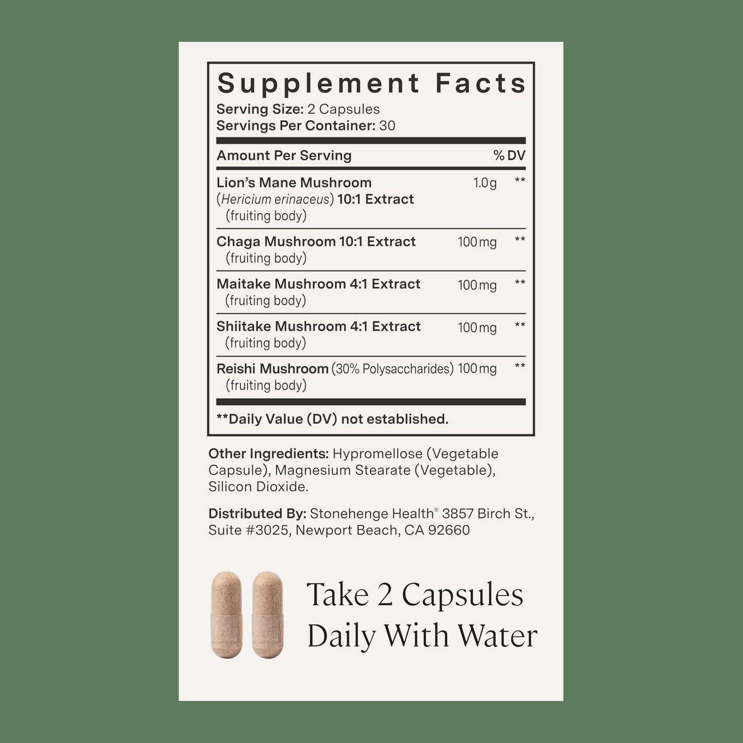 Stonehenge Dynamic Health Mushrooms 1,400 mg – 5 Mushroom Complex (Lion’s Mane, Reishi, Chaga, Maitake, Shiitake) – 60 Capsules