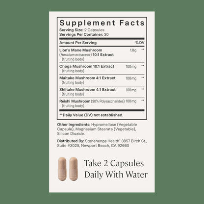 Stonehenge Dynamic Health Mushrooms 1,400 mg – 5 Mushroom Complex (Lion’s Mane, Reishi, Chaga, Maitake, Shiitake) – 60 Capsules