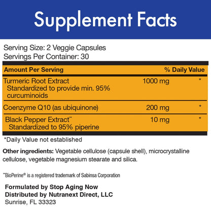 Stop Aging Now CUR-Q10 Ultra Complex - Curcumin2K & MAX-Q10, 60 Vcaps (3 Pack)