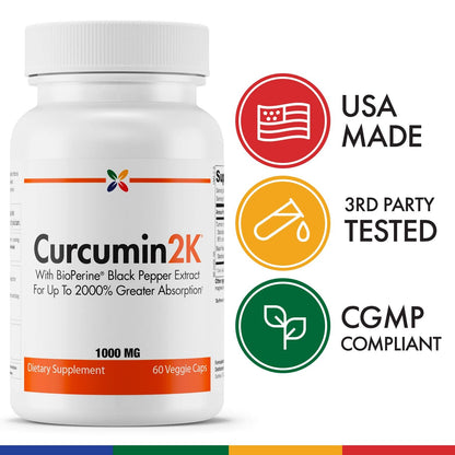 Stop Aging Now Curcumin2K with Bioperine – Brain & Heart Health, Antioxidants & Joint Support | Turmeric & Black Pepper Extract – 60 Vcaps (3 Bottle Pack)