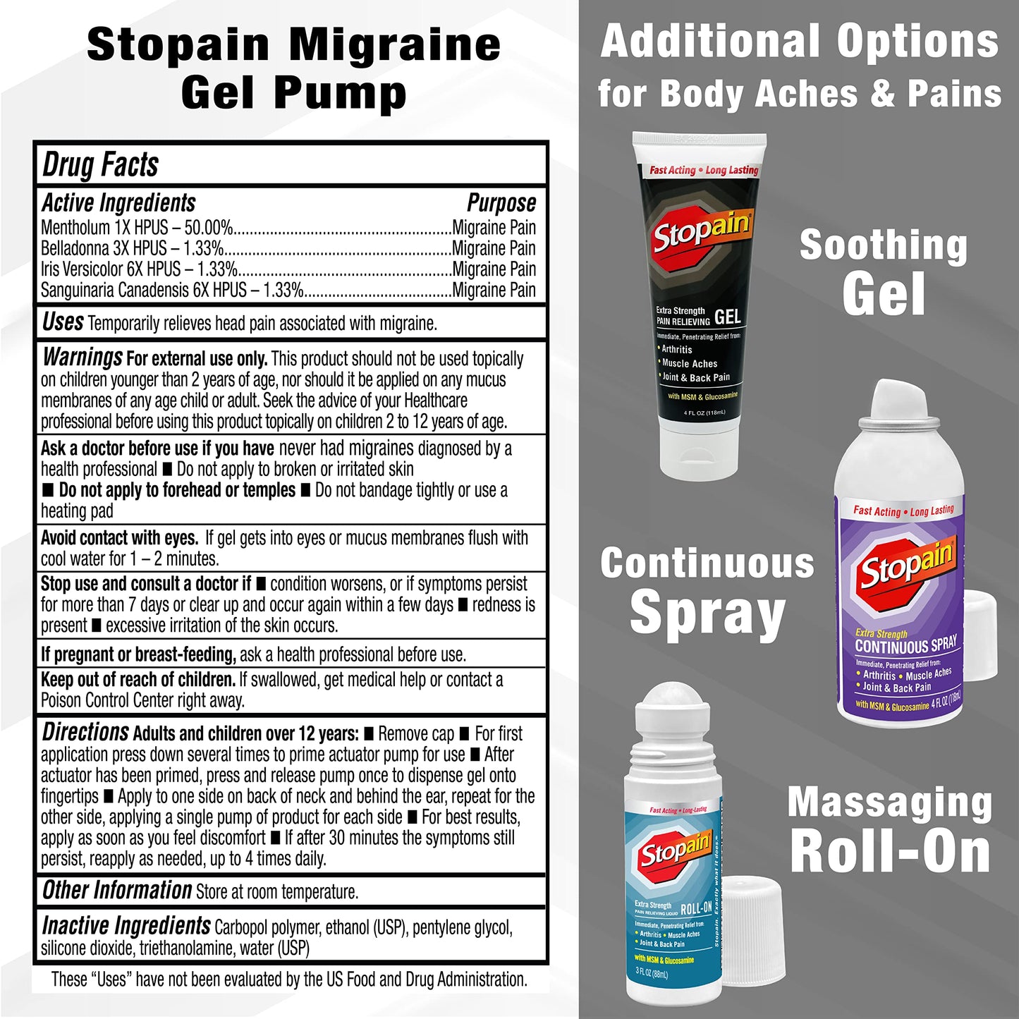 Stopain Migraine Pain Relief Gel Pump – 2 Pack, USA Made, Fast-Acting Topical Relief