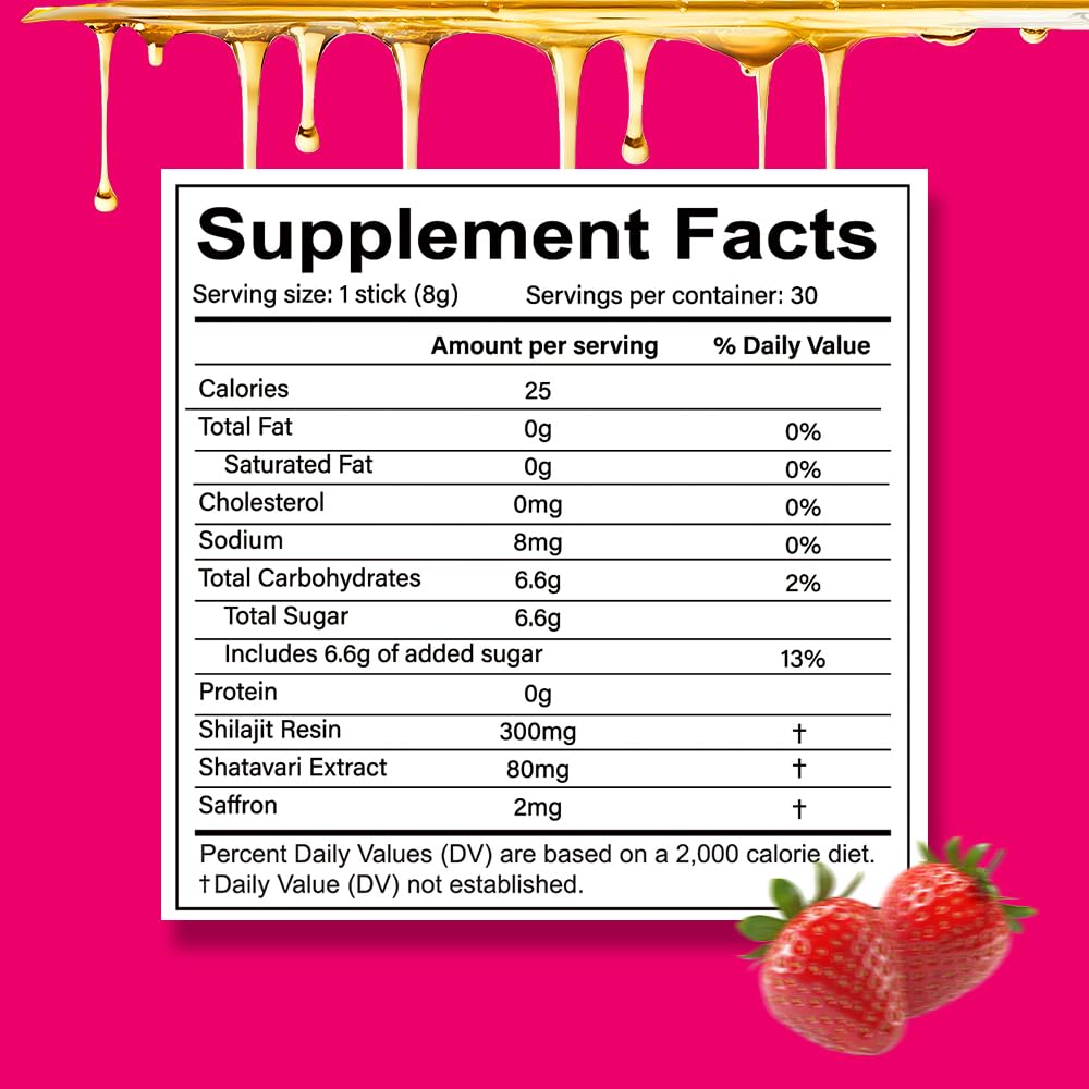 Shilajit Honey Sticks for Women – Strawberry Flavor | Energy, Balance & Focus | 30 Sticks