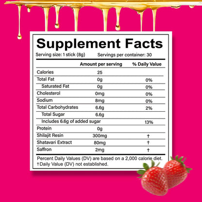 Shilajit Honey Sticks for Women – Strawberry Flavor | Energy, Balance & Focus | 30 Sticks