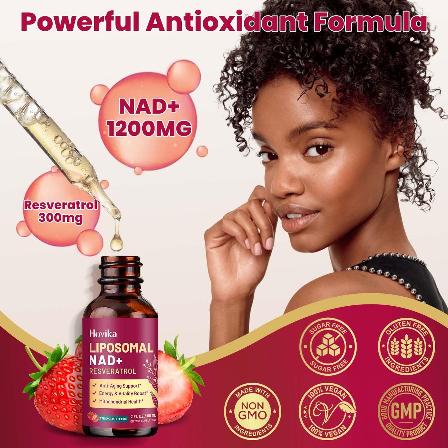 2 Pack Liposomal NAD+ Drops 1200mg - Strawberry Flavor, Resveratrol & Black Pepper