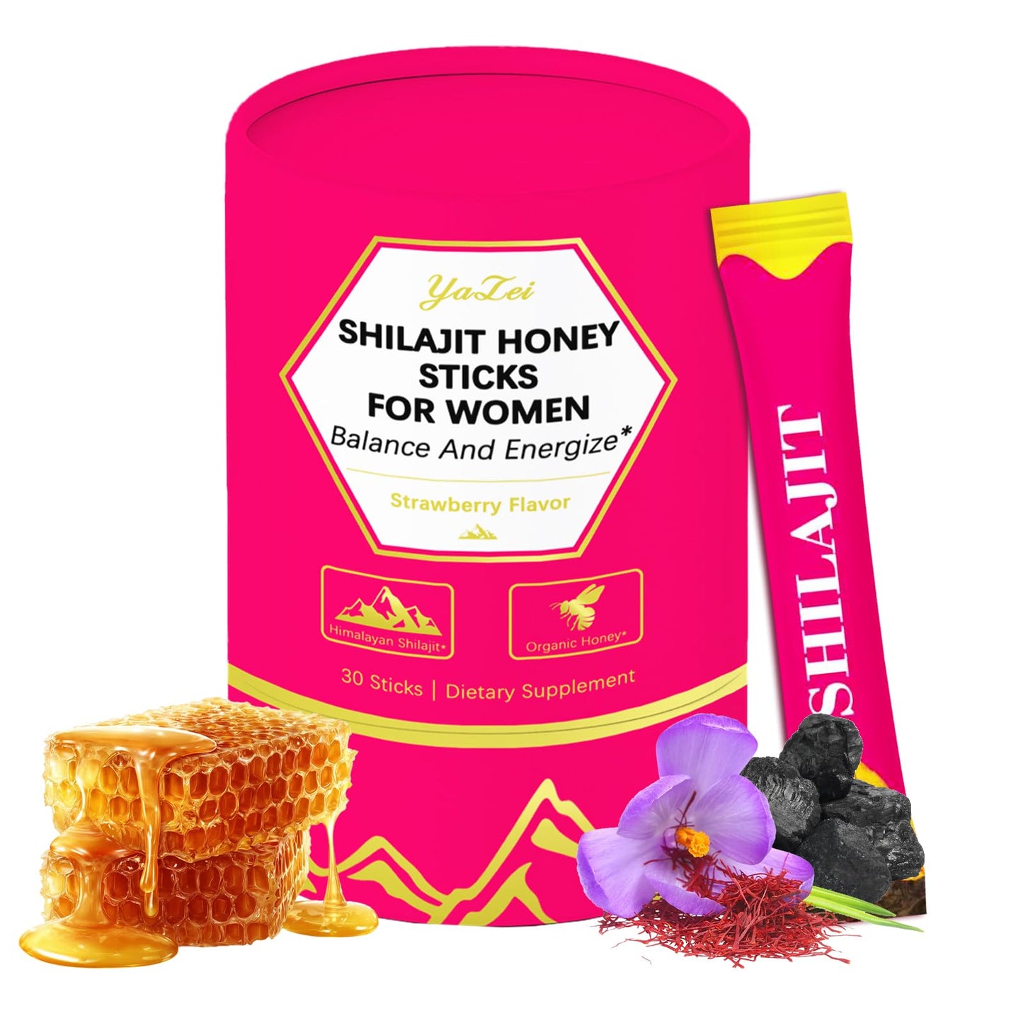 Strawberry Shilajit Honey Sticks for Women – Saffron, Shatavari Extract & Shilajit Resin, 30 Sticks, Energy & Hormone Balance