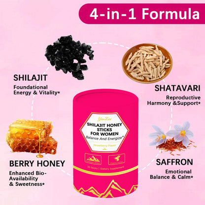Strawberry Shilajit Honey Sticks for Women – Saffron, Shatavari Extract & Shilajit Resin, 30 Sticks, Energy & Hormone Balance